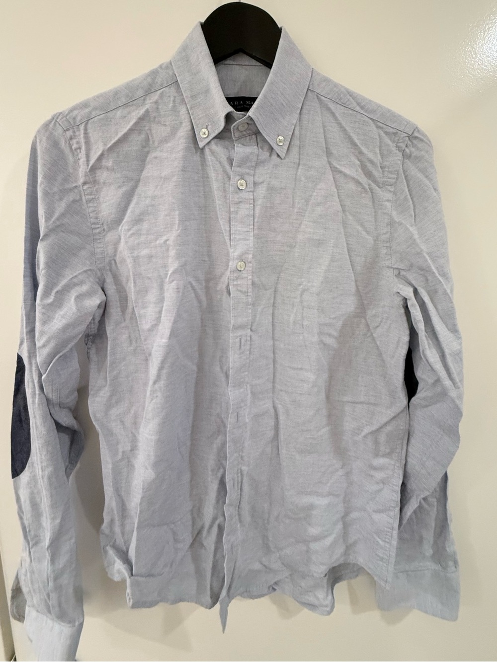 Zara Pale Blue Button-Down Shirt with Navy Elbow Patches